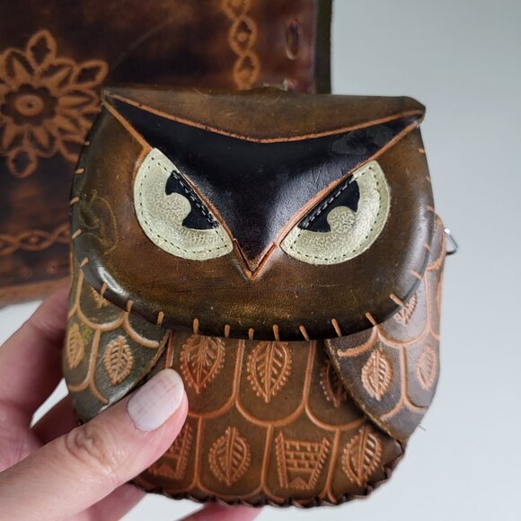 Vintage Hand-Tooled Leather Crossbody Bag + Owl Coin Purse • Boho • Artisan - Picture 4 of 14